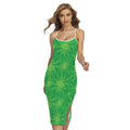 Green Cannabis Leaf Pattern Print Cross Back Cami Dress