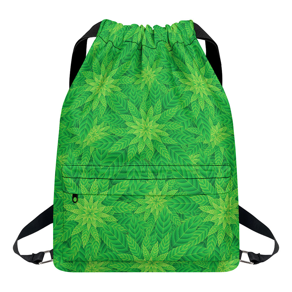 Green Cannabis Leaf Pattern Print Drawstring Backpack