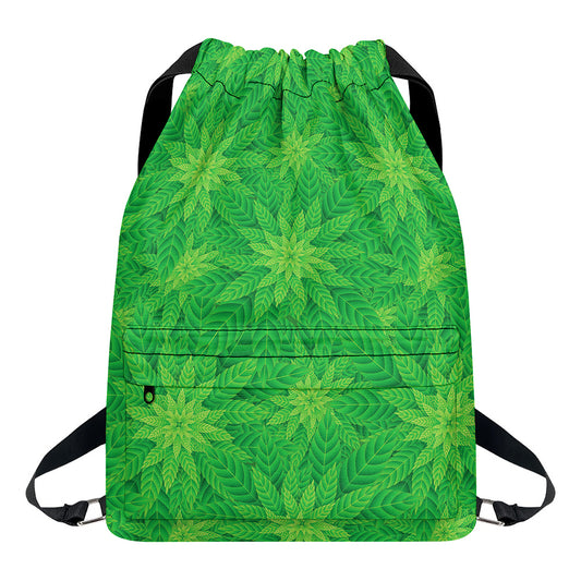 Green Cannabis Leaf Pattern Print Drawstring Backpack