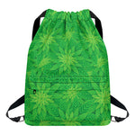 Green Cannabis Leaf Pattern Print Drawstring Backpack