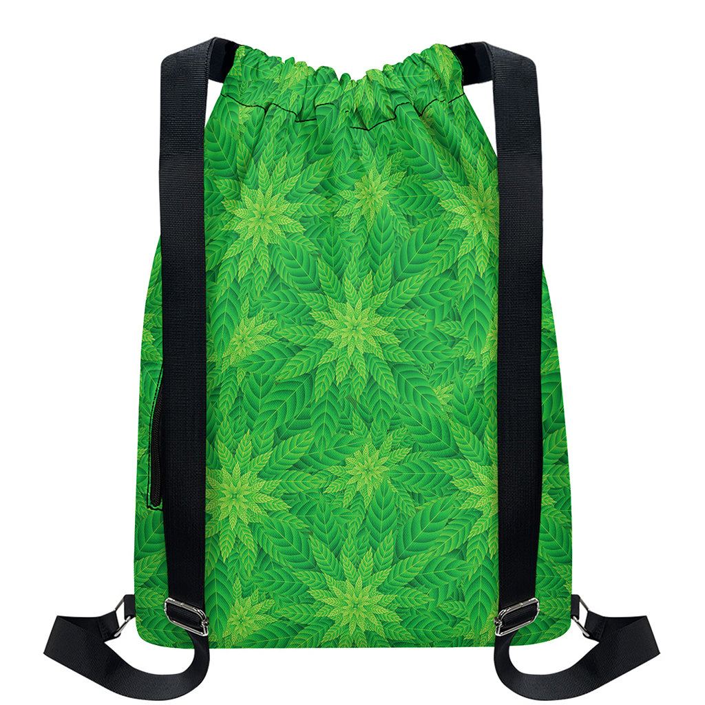 Green Cannabis Leaf Pattern Print Drawstring Backpack