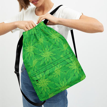 Green Cannabis Leaf Pattern Print Drawstring Backpack