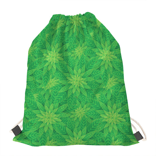 Green Cannabis Leaf Pattern Print Drawstring Bag