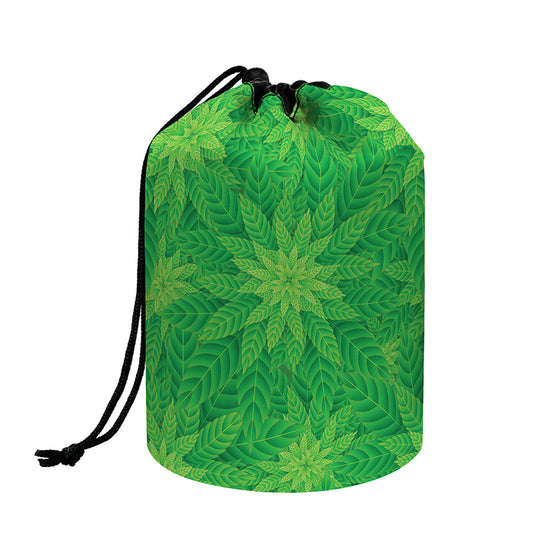 Green Cannabis Leaf Pattern Print Drawstring Makeup Bag