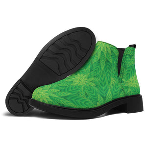 Green Cannabis Leaf Pattern Print Flat Ankle Boots