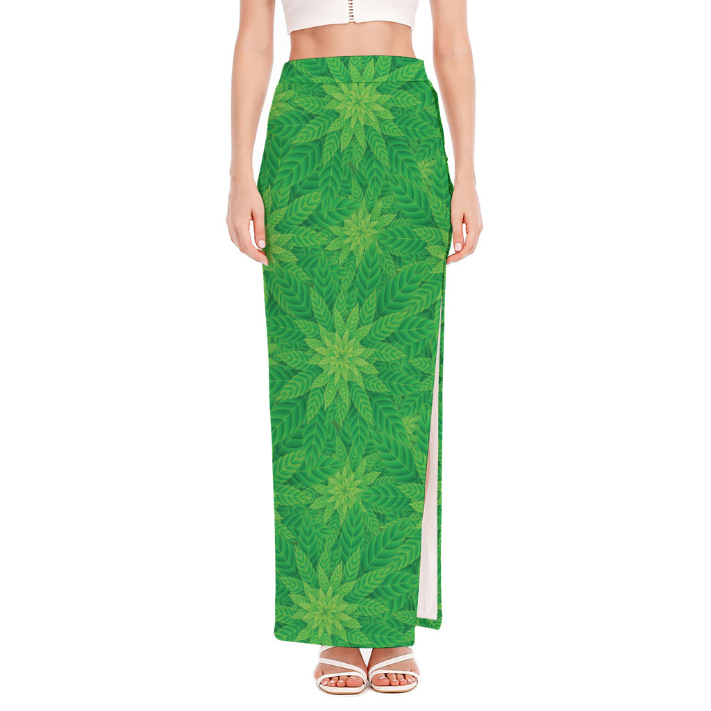 Green Cannabis Leaf Pattern Print High Slit Maxi Skirt