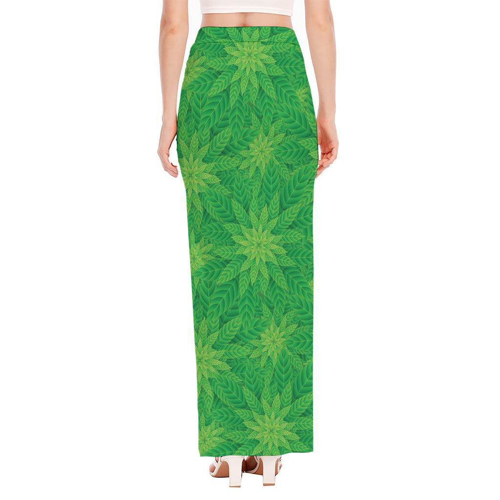 Green Cannabis Leaf Pattern Print High Slit Maxi Skirt