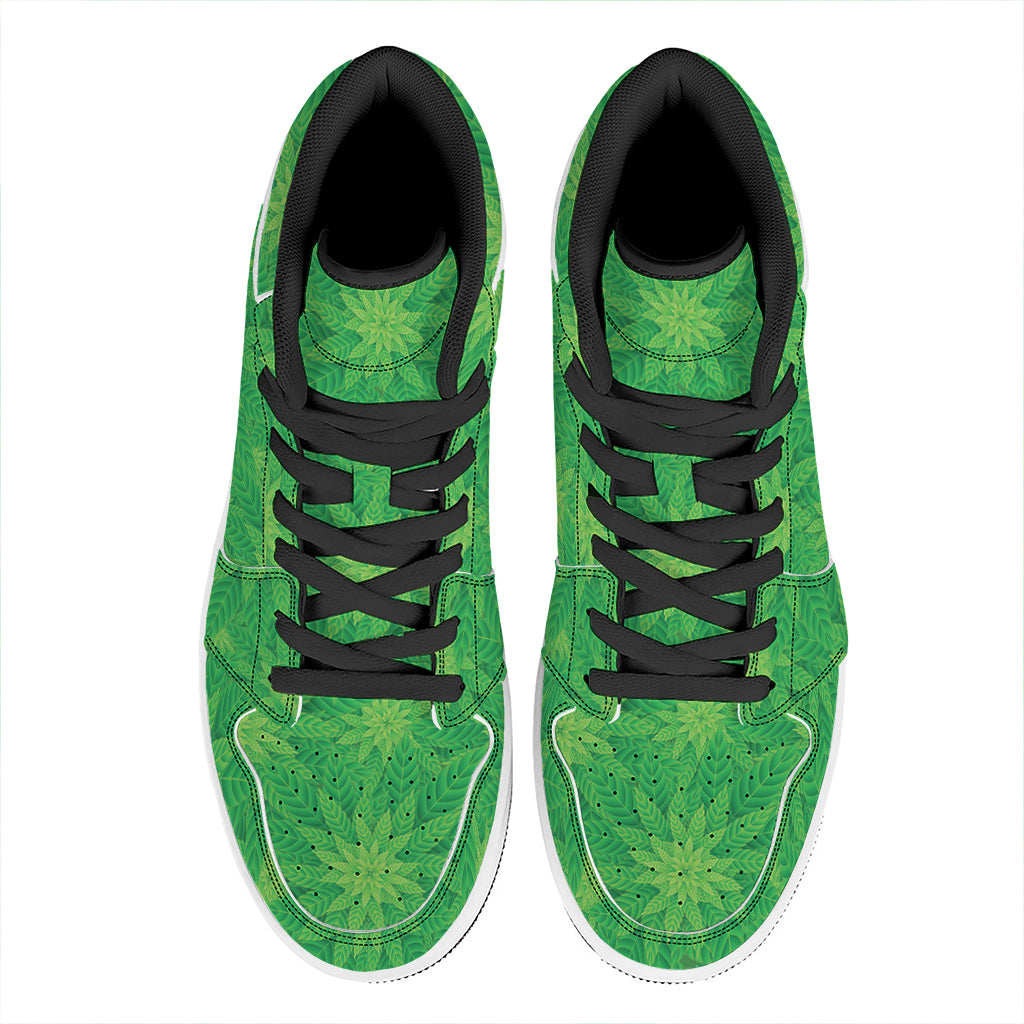 Green Cannabis Leaf Pattern Print High Top Leather Sneakers