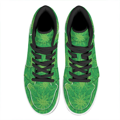 Green Cannabis Leaf Pattern Print High Top Leather Sneakers