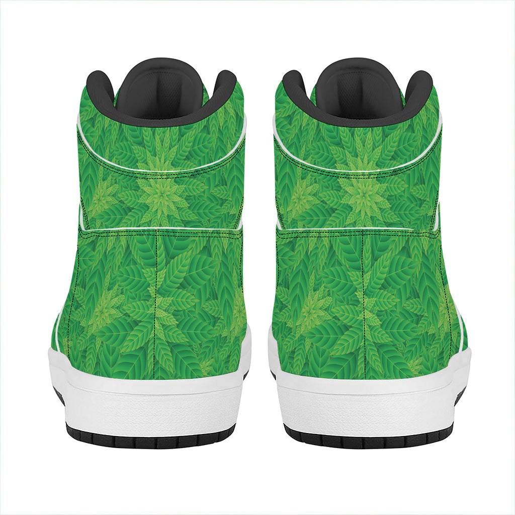 Green Cannabis Leaf Pattern Print High Top Leather Sneakers