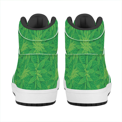 Green Cannabis Leaf Pattern Print High Top Leather Sneakers