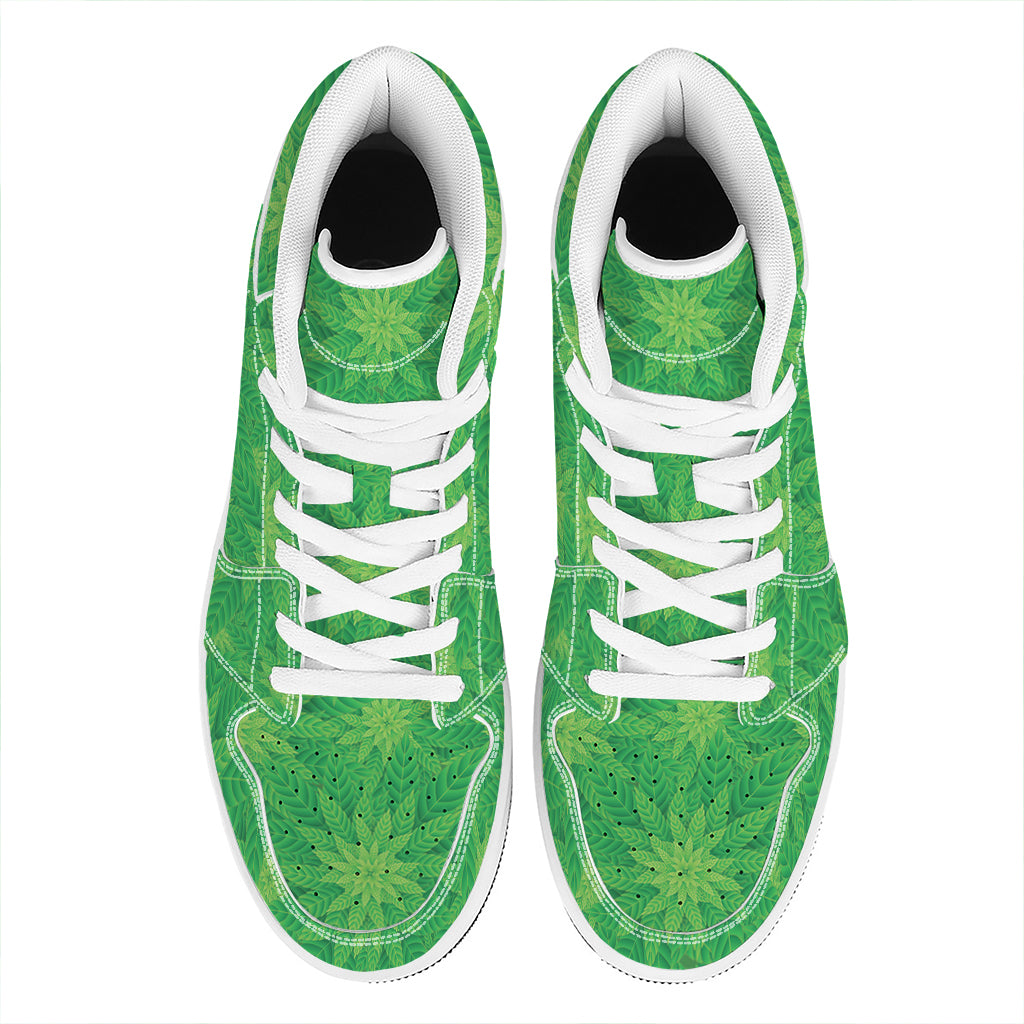 Green Cannabis Leaf Pattern Print High Top Leather Sneakers