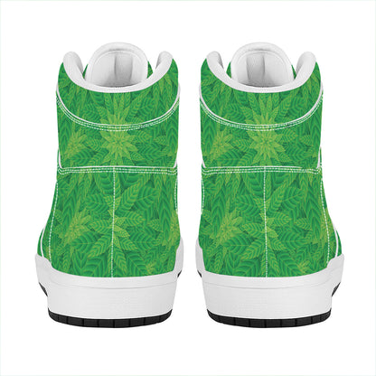 Green Cannabis Leaf Pattern Print High Top Leather Sneakers