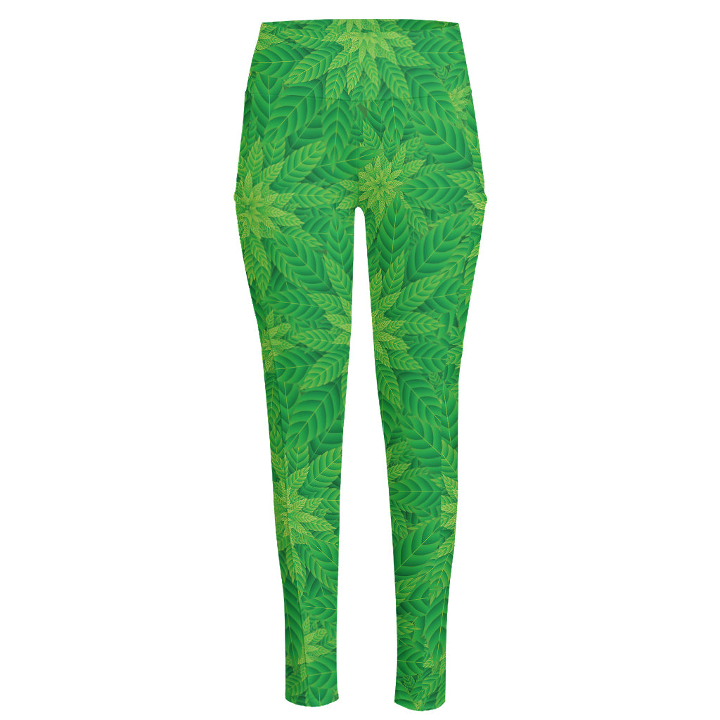 Green Cannabis Leaf Pattern Print High-Waisted Pocket Leggings