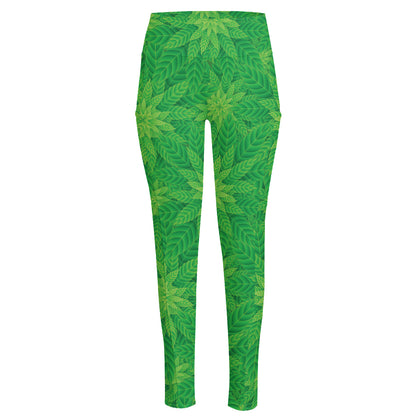 Green Cannabis Leaf Pattern Print High-Waisted Pocket Leggings