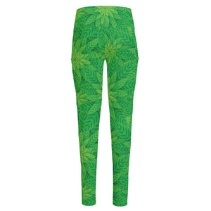 Green Cannabis Leaf Pattern Print High-Waisted Pocket Leggings