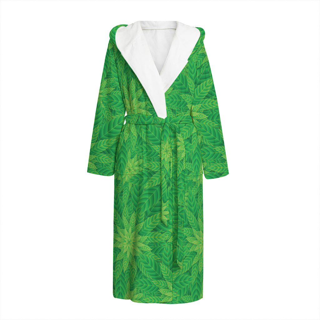 Green Cannabis Leaf Pattern Print Hooded Bathrobe