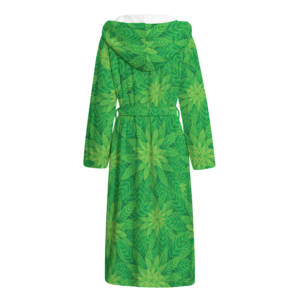 Green Cannabis Leaf Pattern Print Hooded Bathrobe