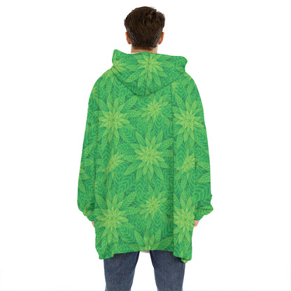 Green Cannabis Leaf Pattern Print Hoodie Blanket