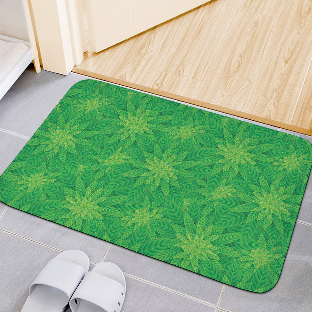 Green Cannabis Leaf Pattern Print Indoor Door Mat