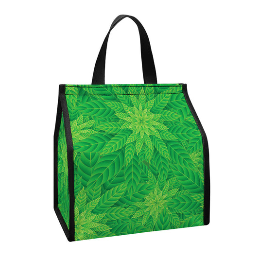 Green Cannabis Leaf Pattern Print Insulated Lunch Tote