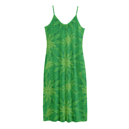 Green Cannabis Leaf Pattern Print Jersey Midi Cami Dress