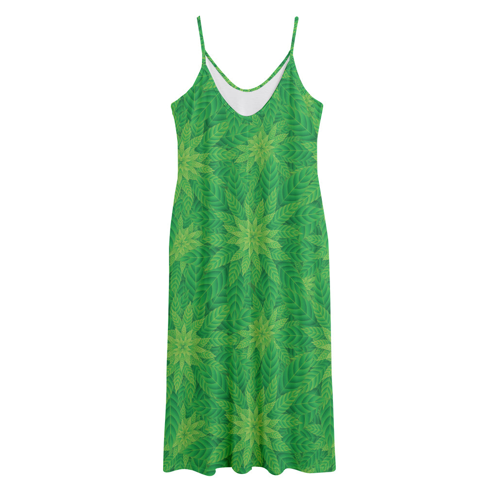 Green Cannabis Leaf Pattern Print Jersey Midi Cami Dress
