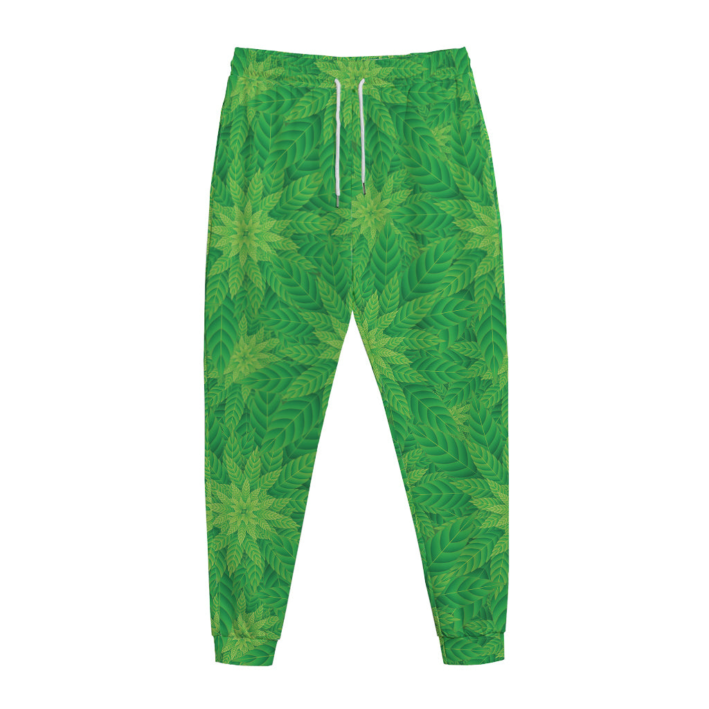 Green Cannabis Leaf Pattern Print Jogger Pants