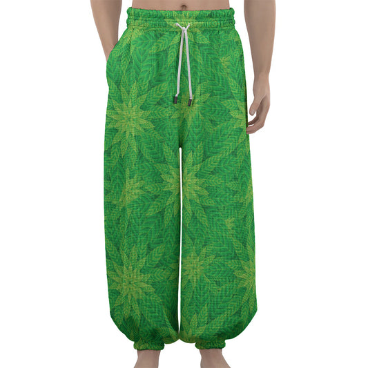 Green Cannabis Leaf Pattern Print Lantern Pants