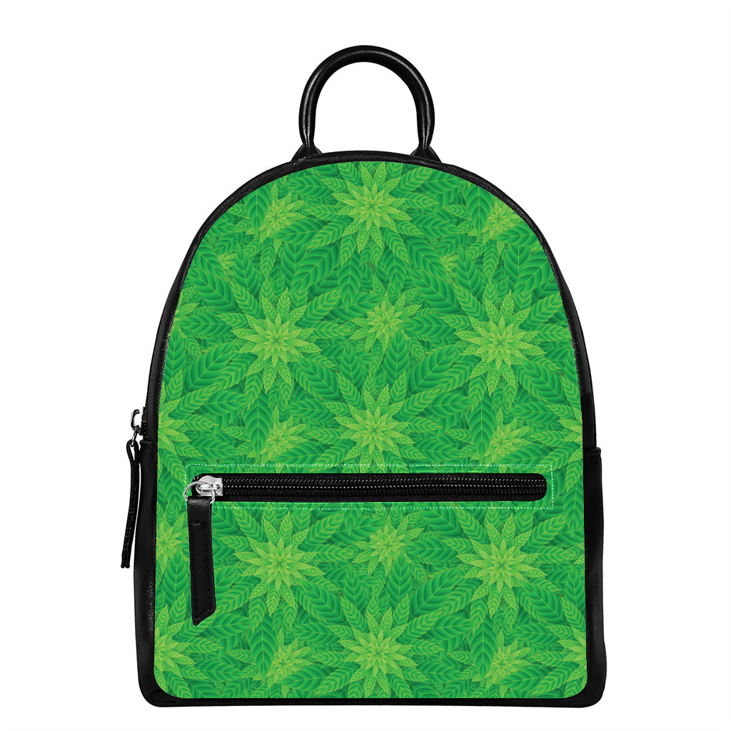 Green Cannabis Leaf Pattern Print Leather Backpack
