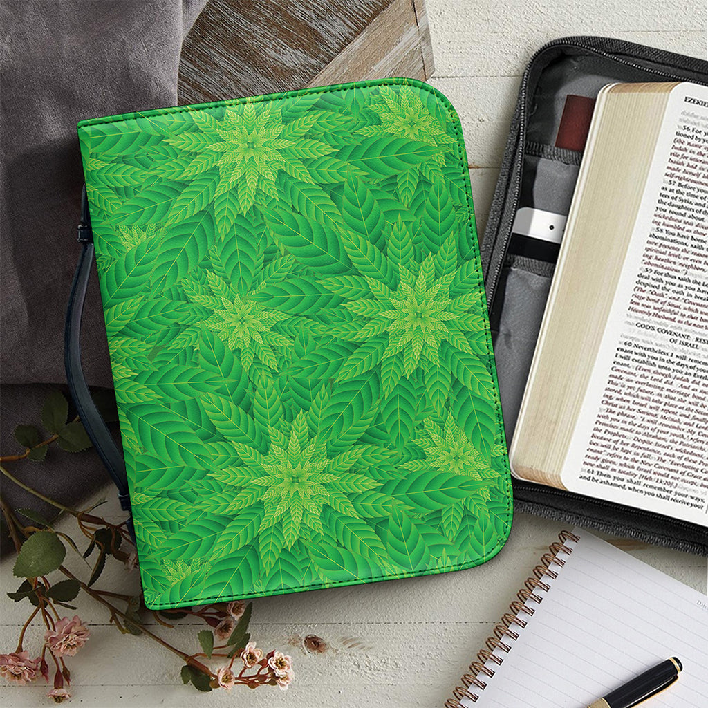 Green Cannabis Leaf Pattern Print Leather Bible Cover