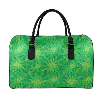 Green Cannabis Leaf Pattern Print Leather Duffle Bag