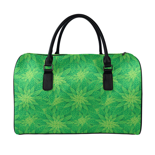 Green Cannabis Leaf Pattern Print Leather Duffle Bag