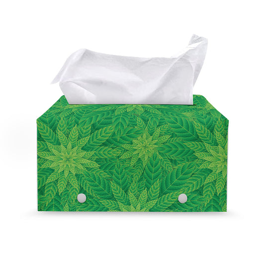 Green Cannabis Leaf Pattern Print Leather Tissue Box Cover