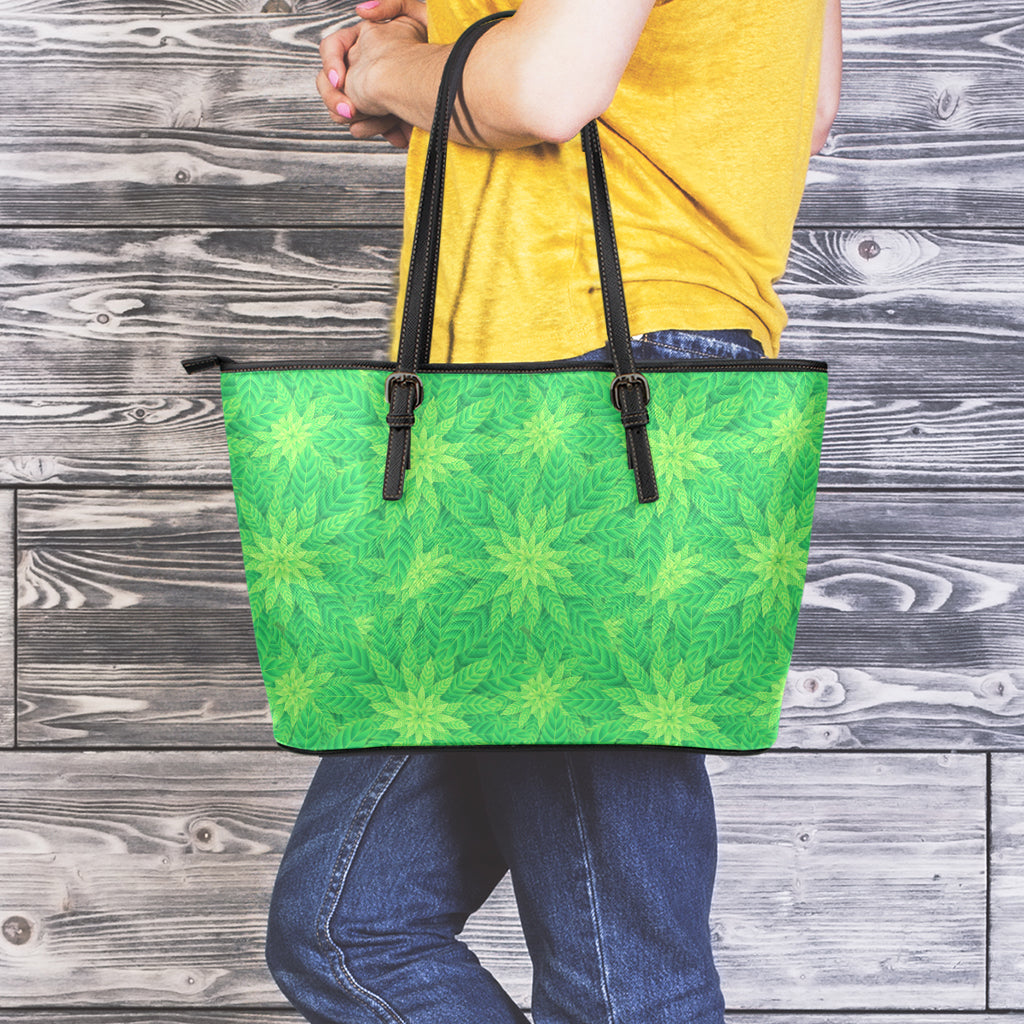 Green Cannabis Leaf Pattern Print Leather Tote Bag