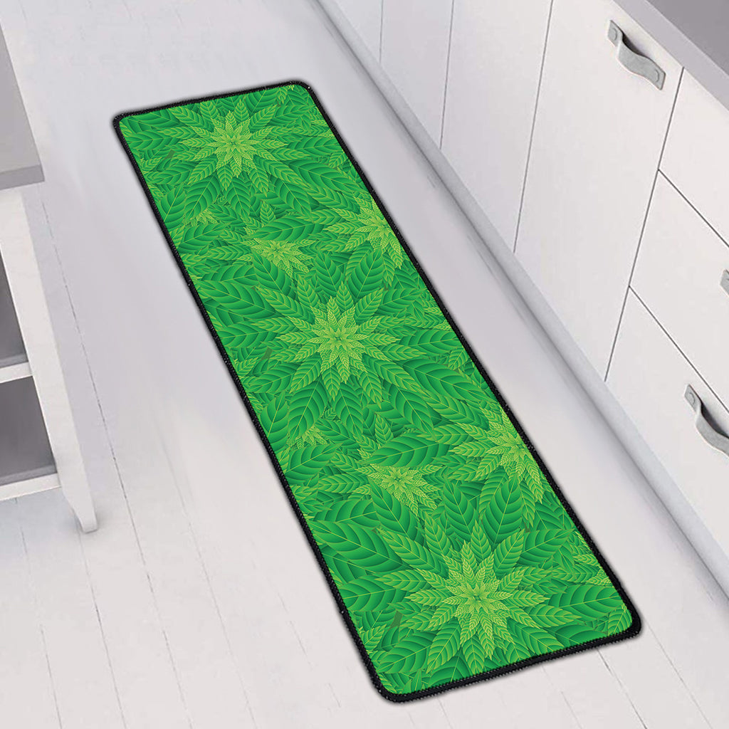 Green Cannabis Leaf Pattern Print Long Kitchen Mat