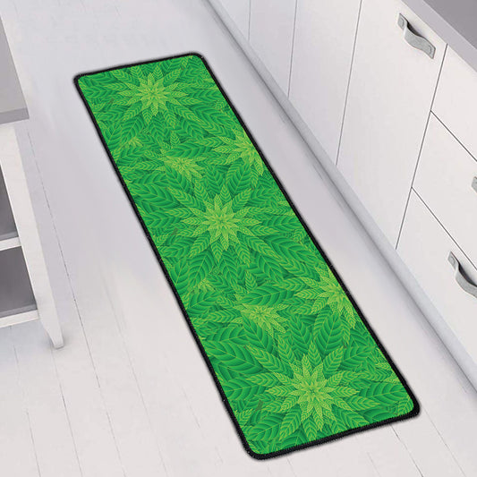 Green Cannabis Leaf Pattern Print Long Kitchen Mat