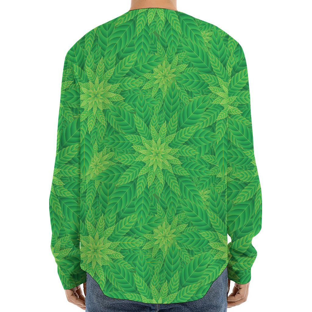 Green Cannabis Leaf Pattern Print Long Sleeve Baseball Jersey