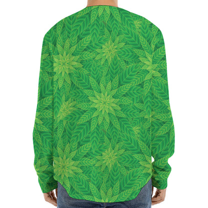 Green Cannabis Leaf Pattern Print Long Sleeve Baseball Jersey