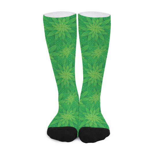Green Cannabis Leaf Pattern Print Long Socks