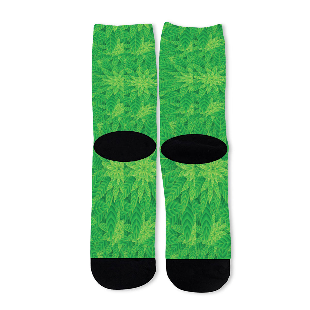 Green Cannabis Leaf Pattern Print Long Socks