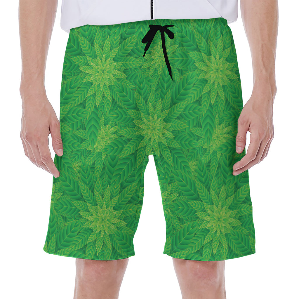 Green Cannabis Leaf Pattern Print Men's Beach Shorts