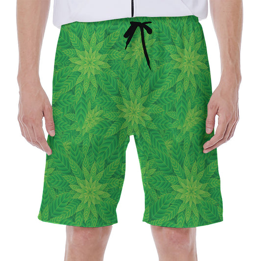 Green Cannabis Leaf Pattern Print Men's Beach Shorts