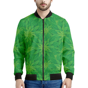 Green Cannabis Leaf Pattern Print Men's Bomber Jacket