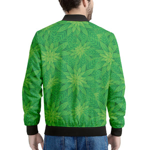 Green Cannabis Leaf Pattern Print Men's Bomber Jacket