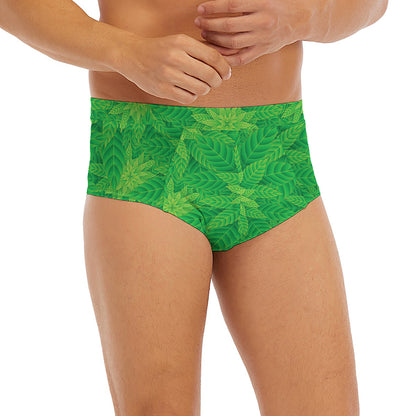 Green Cannabis Leaf Pattern Print Men's Briefs