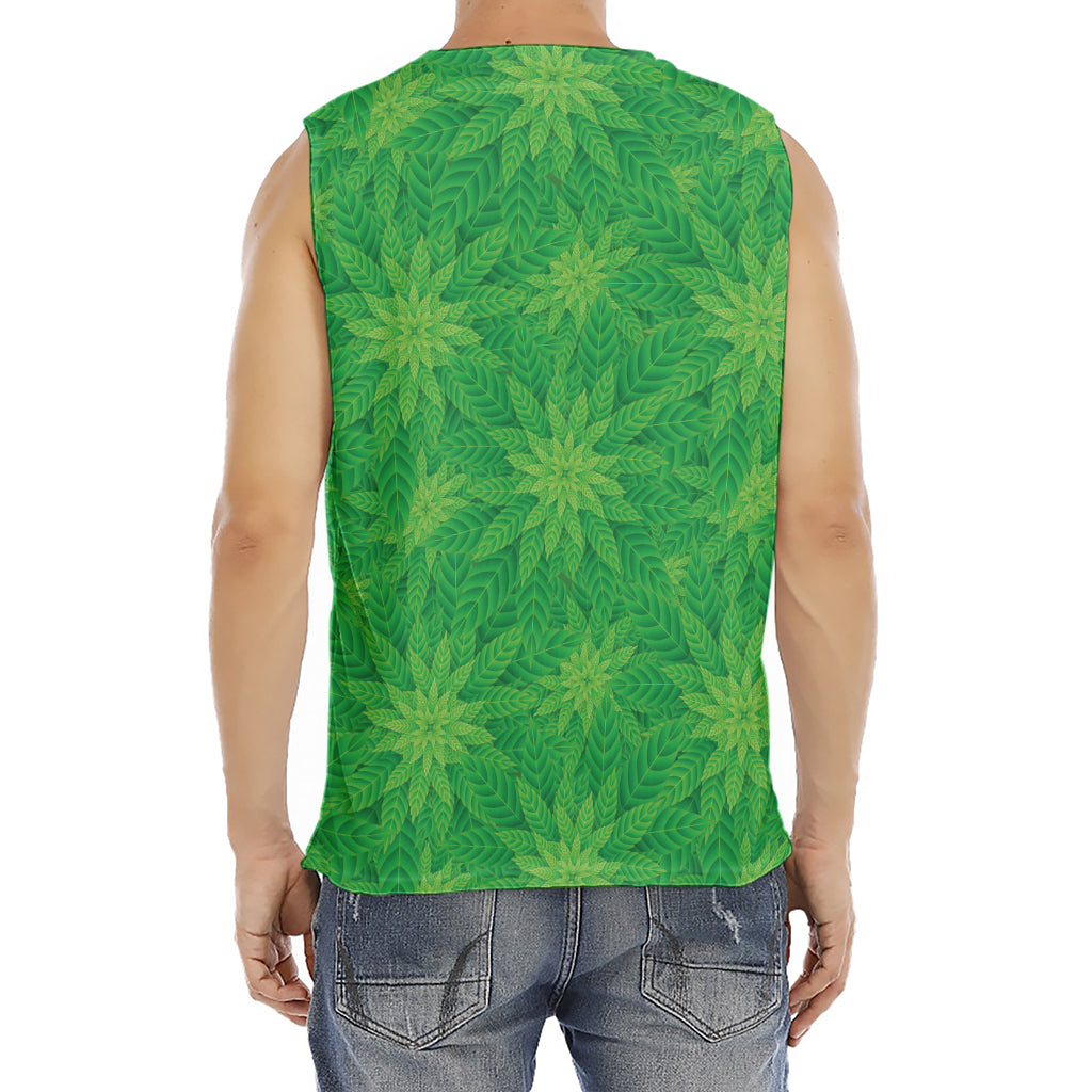 Green Cannabis Leaf Pattern Print Men's Fitness Tank Top