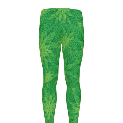 Green Cannabis Leaf Pattern Print Men's leggings