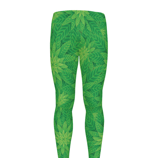 Green Cannabis Leaf Pattern Print Men's leggings