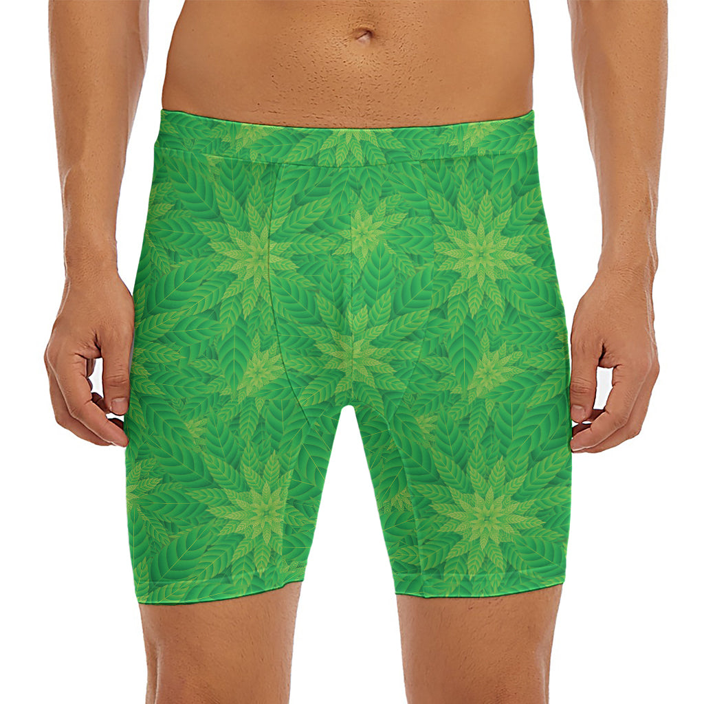 Green Cannabis Leaf Pattern Print Men's Long Boxer Briefs
